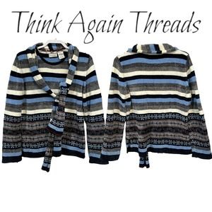 Knit & Pearl Cozy Pullover Sweater Button Down Scarf Striped Casual Size XL